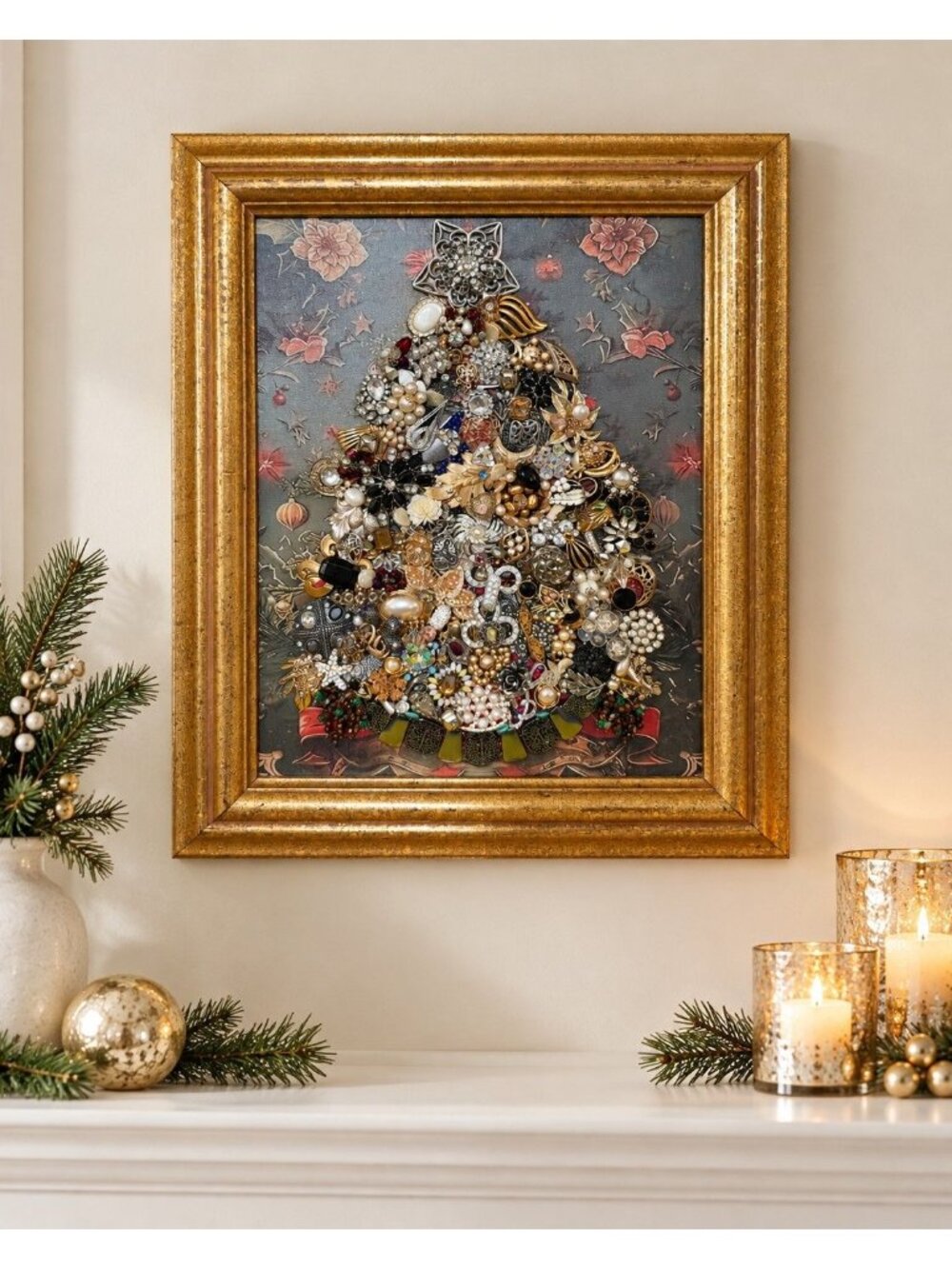 Designs by Betty Dodd Vintage Jewelry Christmas Tree Framed Art 17.5"
